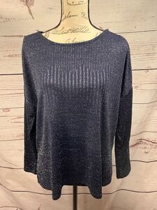 Cable Gauge Sparkly Navy Blue Sweater With Button Sleeves Size Large